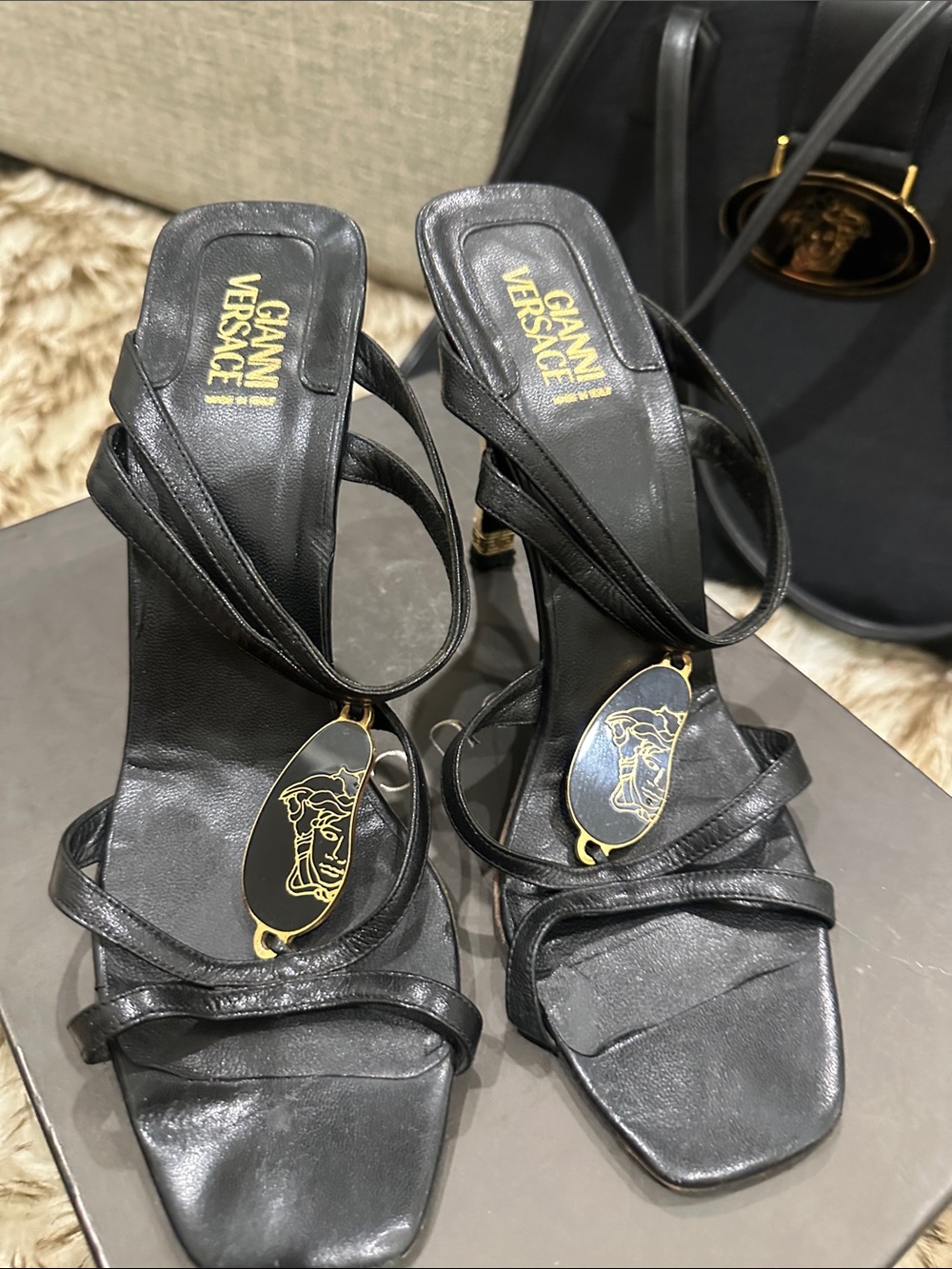 VERSACE Black Strappy Medusa Plaque Heels